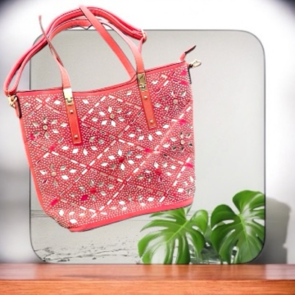 Elegant Peach Rhinestone Studded Tote Bag adjustable shoulder straps/w Feet GUC